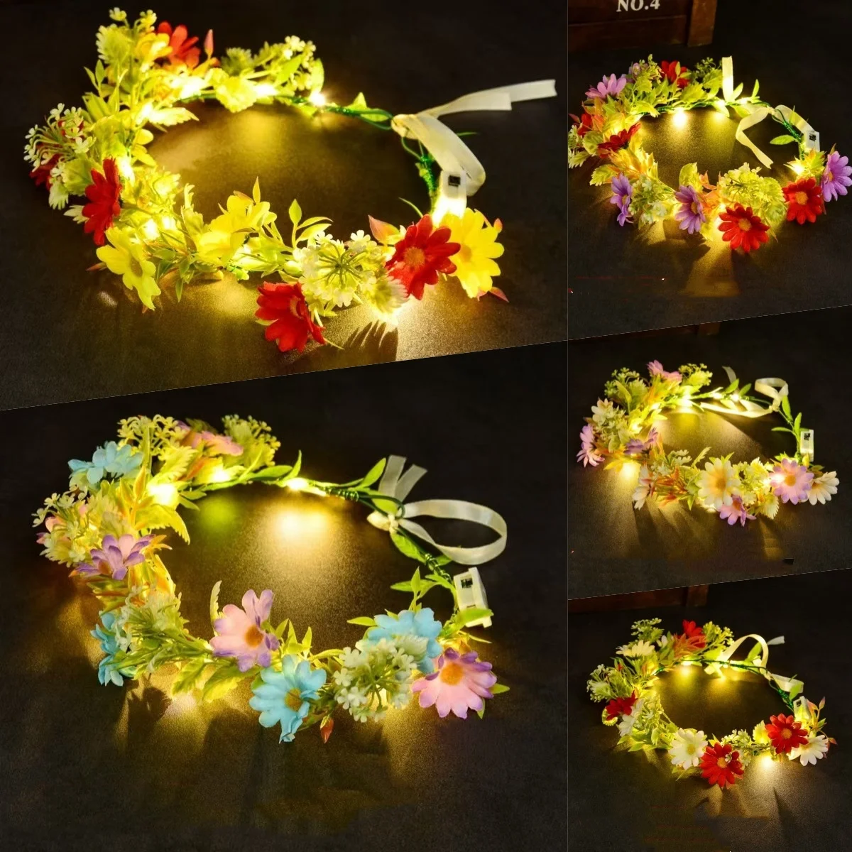 Luminous Floral Wreath LED Flower Crown Glowing Hair Garland Fairy Tiara Light Up Headband Festival Bridal Hair Accessories
