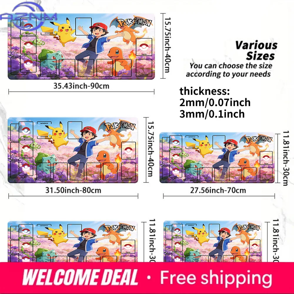 

Игровой коврик для карточных игр Pokemon TCG: Пикачу, Чармандер, Бульбазавр, Цветочное поле. Большой нескользящий коврик для мыши для коллекционных карточных игр, различные размеры.