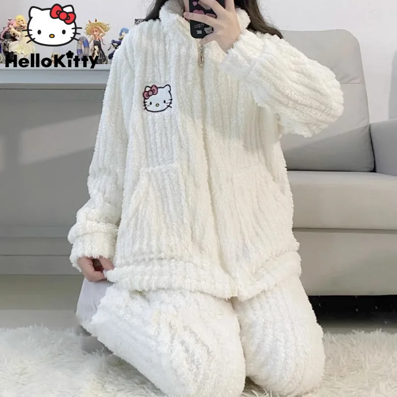 Sanrio Hello Kitty New Clothes Cartoon Soft Plush Zipper Cardigan Tops Trousers Matching Set Y2k Women Casual 2 Piece Sweat Suit