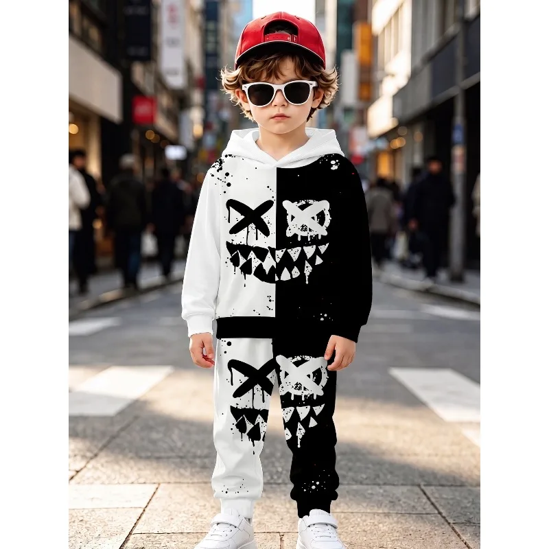 Little Boys 2 Piece Hoodie Jogger Tracksuit, Split Black White Smiley Face, Purple Skeleton Print, Dad & Me Handshake Outfit