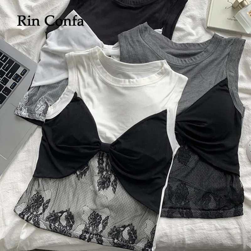 Rin Confa Women Knitting Tops Fashion Lace Join Together Vest O-Neck Sweet Bowknot All-Match Tank Top Slim Thin Tops Women