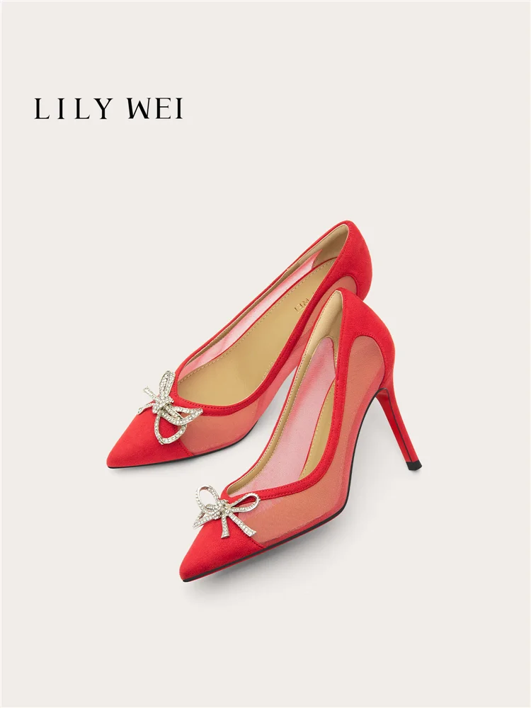 Spring new pointed-toe metal rhinestone bowknot small size mesh shoes, banquet large size widened version high-heeled women shoe