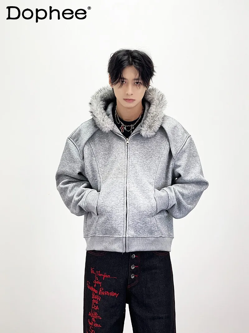 

American Retro Fashion Trend Fur Collar Hooded Sweatshirt Autumn Winter Thickened Warm Loose Casual Zipper Short Jacket for Men