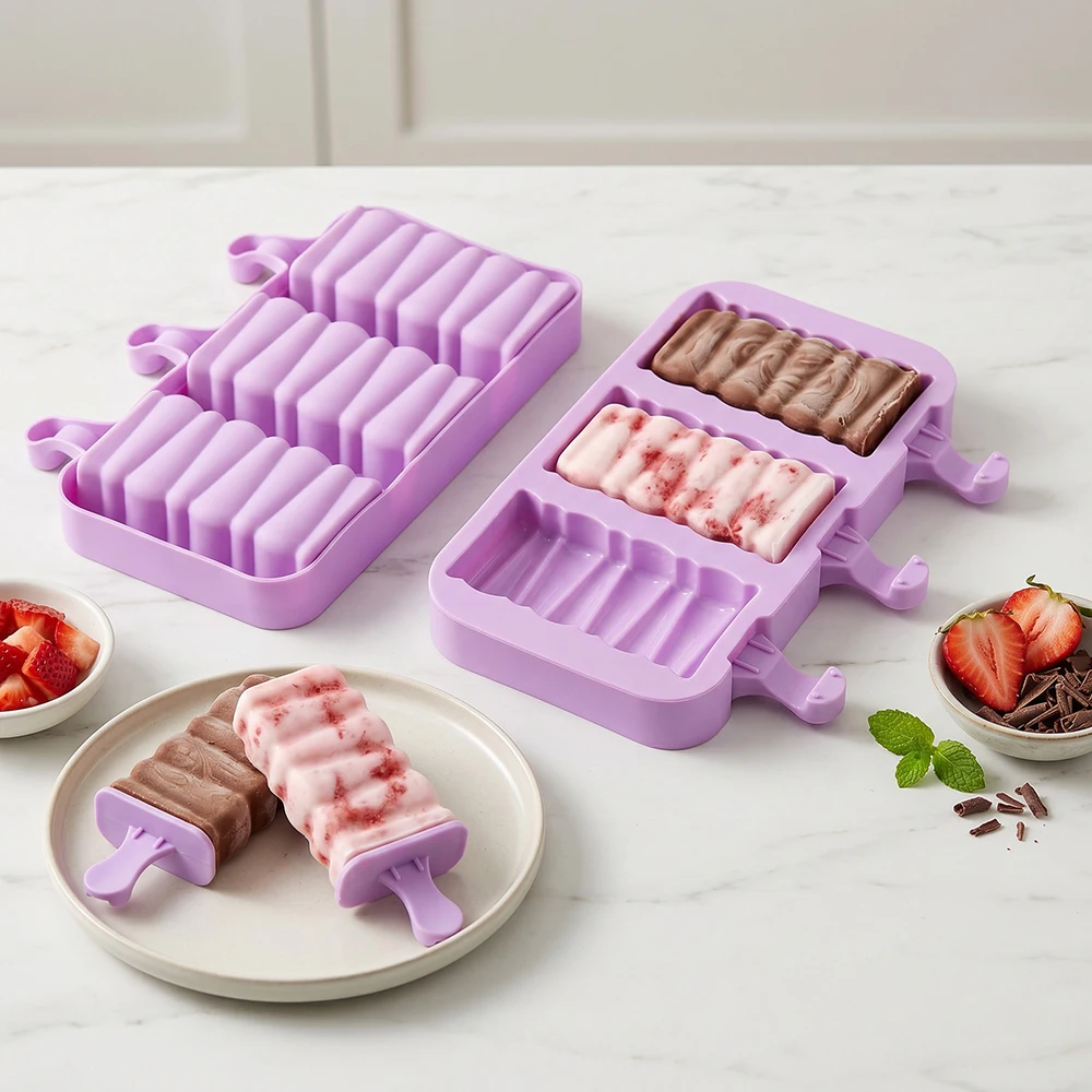 3-cavity building block shaped ice cream silicone mold with lid and wooden stick, summer DIY ice cream ice cream tray