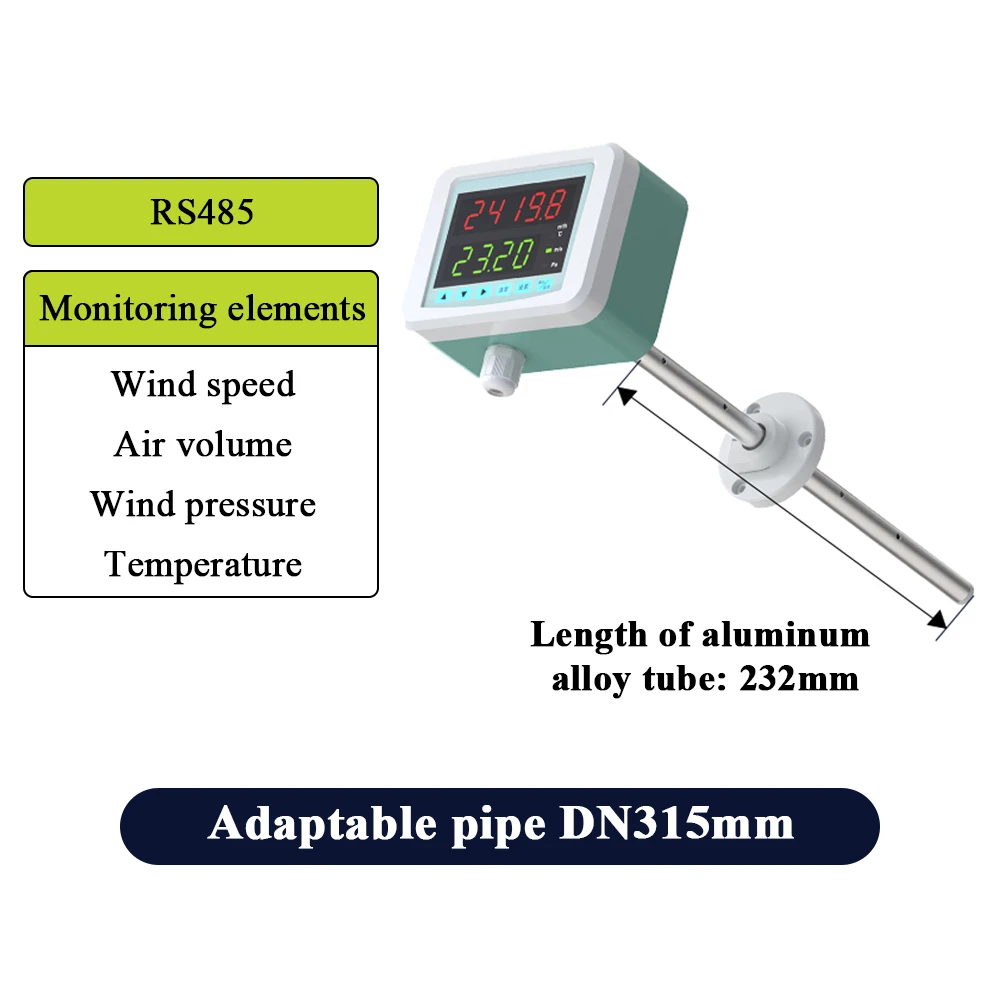 0-30m/s High-Precision Pipeline Air Speed Sensor with Display Air Volume Meter Wind Pressure Detection Transmitter RS485 Output