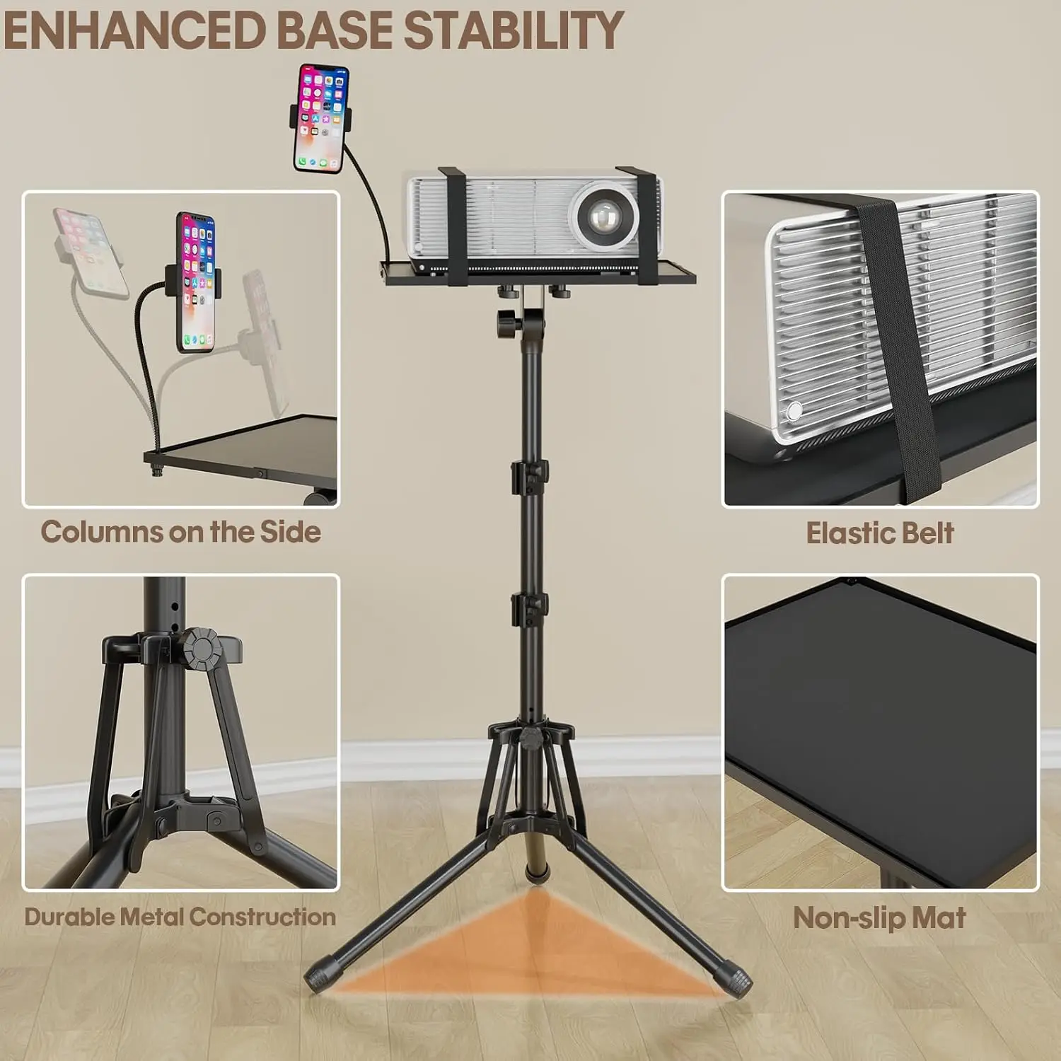 Adjustable Projector Stand 20-61in, Foldable Tripod with Tray & Phone Holder, Portable Laptop Floor Stand for Office Home Stage view 3