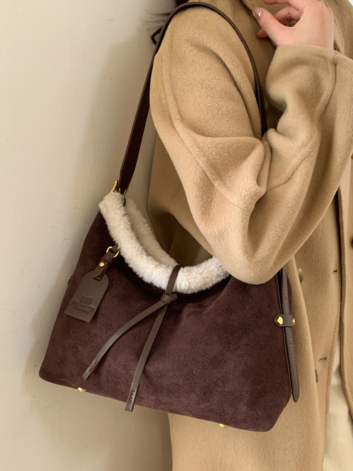 

Retro Sle Women's Suede Lamb Fur Crossbody Bag Tote Bag with Zipper Closure Medium Size Pure Color Soft Handbag