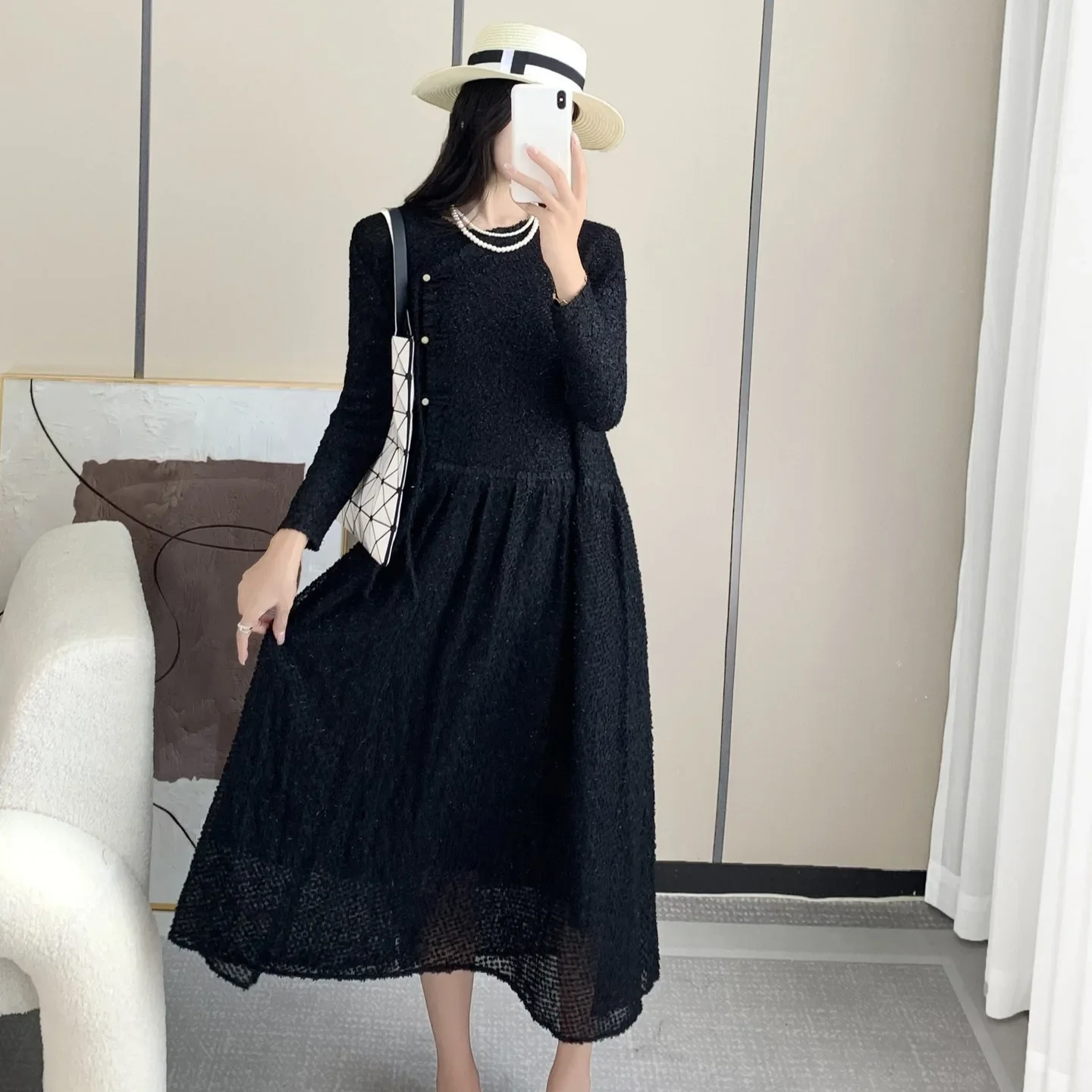 ALSEY Fashion Temperament Pleated Women's Dresses Women 2024 Fall New Loose and Large Yards Slim Swing Long Skirt