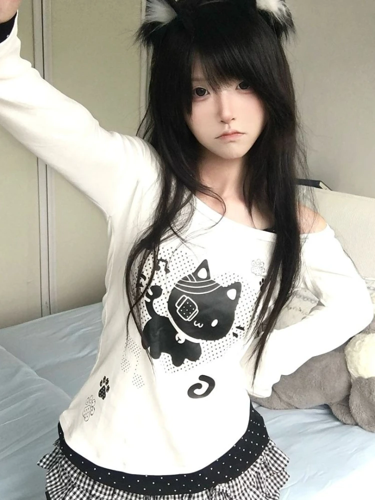 HOUZHOU White Cat Juminocore Kawaii Women T-Shirts Polka Dot Off Shoulder Long Sleeve Japanese Style Tees Slim Fake Two Piece