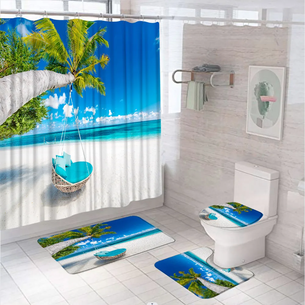 

4Pcs Beach Palm Tree Shower Curtain Set Seaside Scenery Ocean Blue Sky Bathroom Curtains Non-Slip Bath Mat Rug Lid Toilet Cover