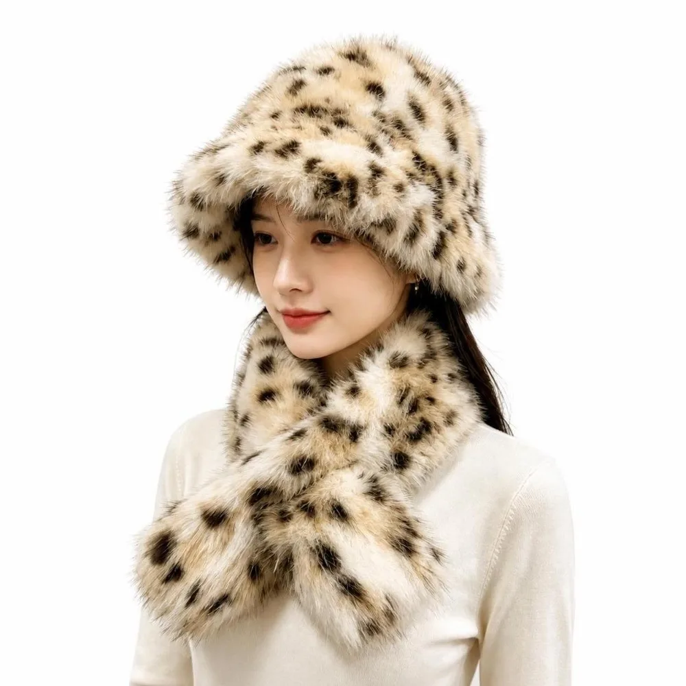 2-Piece Set Rolled Brim Faux Fur Bucket Hat Windproof Face-Slimming Winter Head Neck Accessories Soft Cross-tie Scarf Set