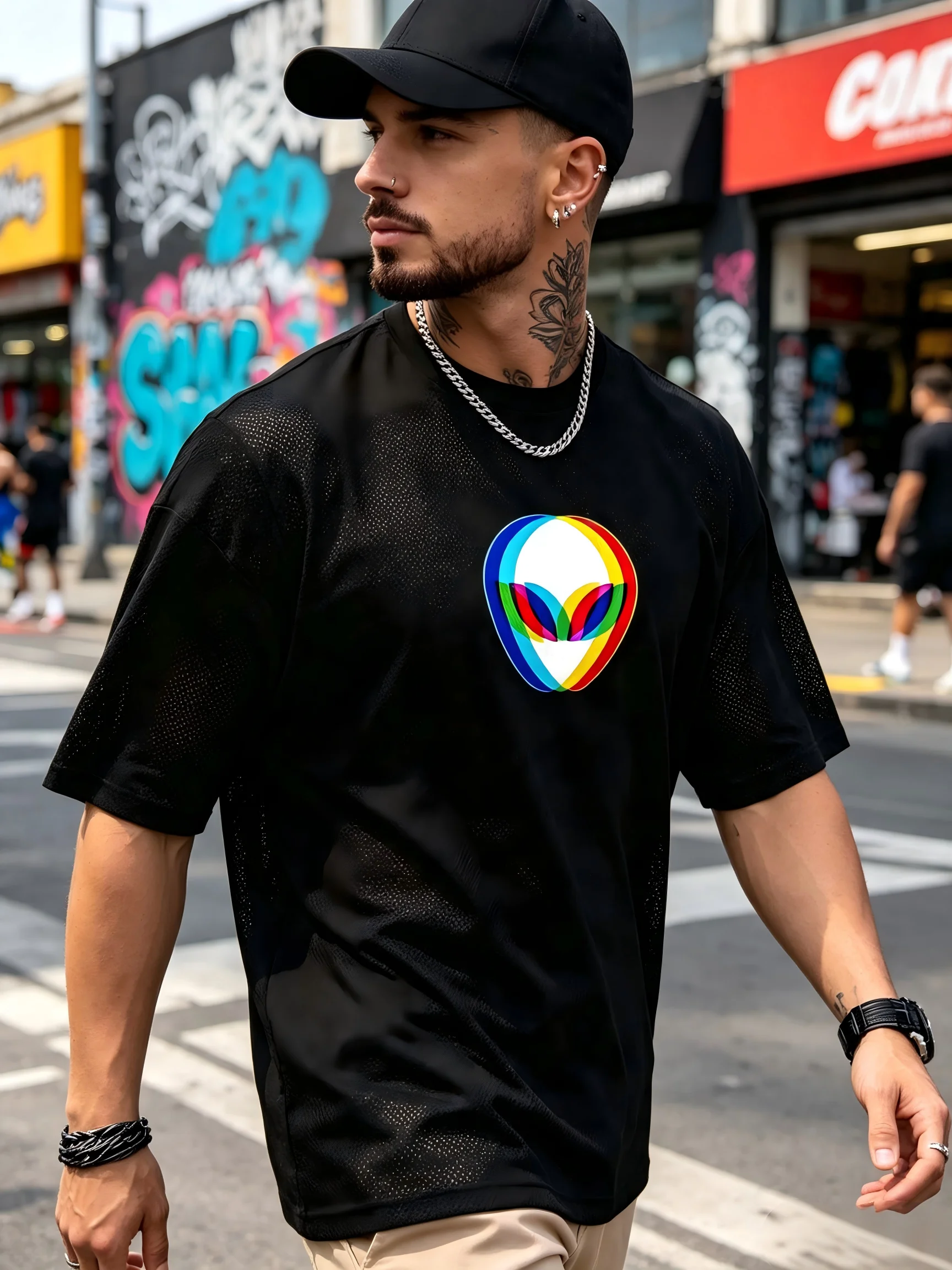 Psychedelic Colorful Alien Graphic Men Mesh Athletic T-shirt Lightweight Quick Dry Outdoor Summer Top