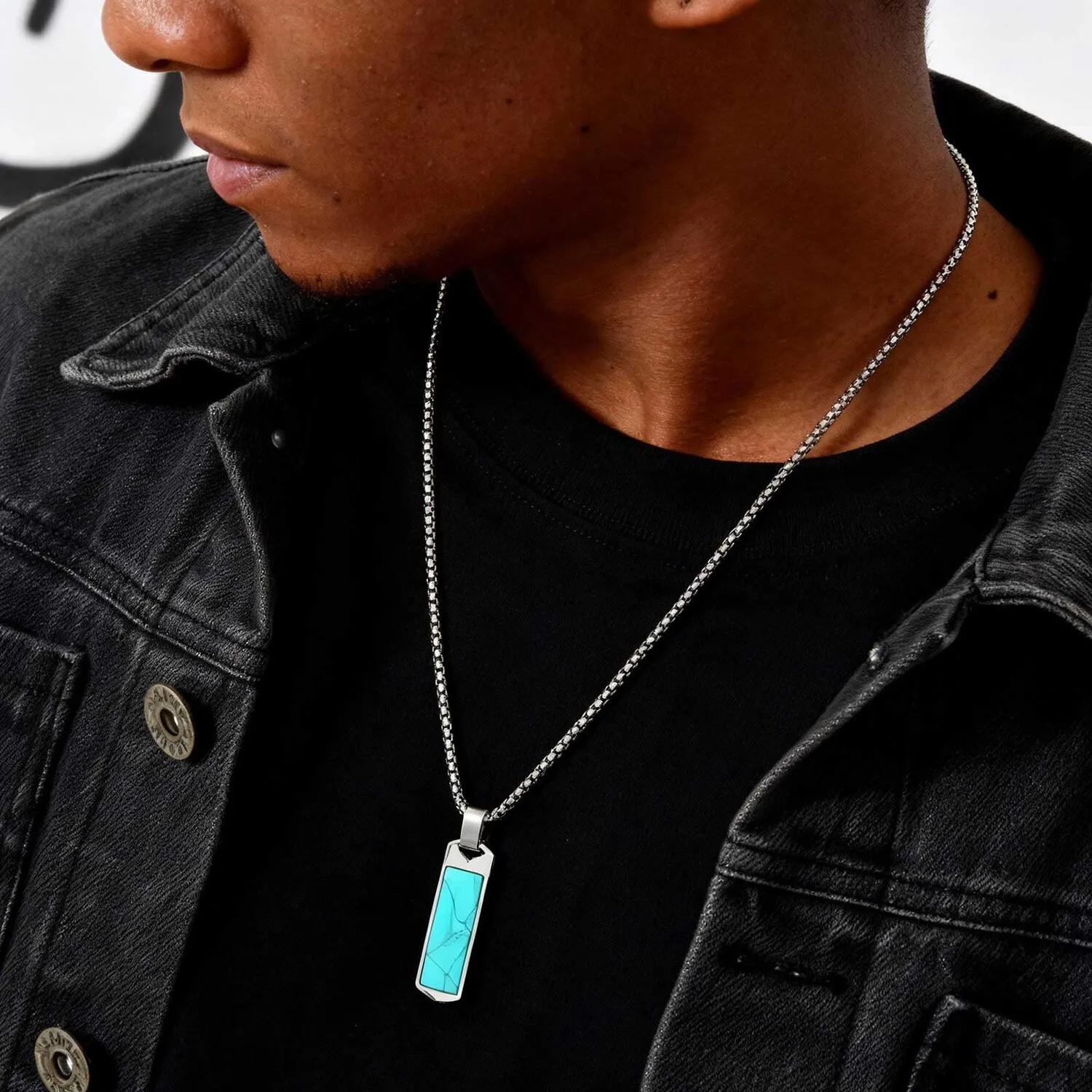Natural Stone Healing Necklaces for Men,Stainless Steel Rectangular Pendant Necklace,Trendy Hip Hop Birthday Jewelry Gift