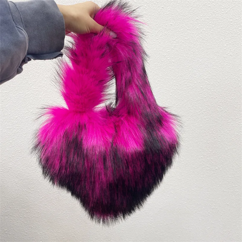 Heart Shape Plush Tote Bags Girls NEW Small & Big Faux Fur Handbags for Women Winter Long Shoulder Furry Straps Bag