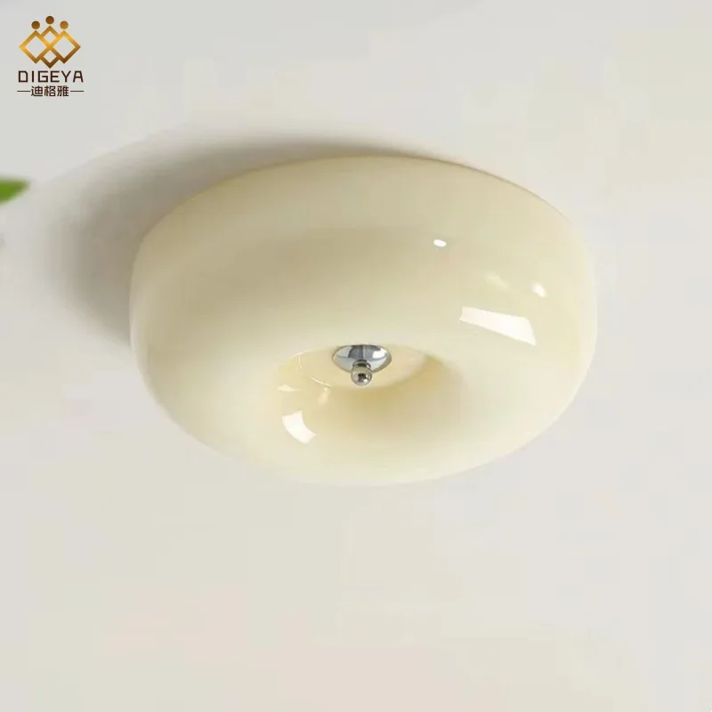Nordic French Bauhaus Cream White Glass LED Ceiling Light Pudding Design for Kids Bedroom Balcony Lighting
