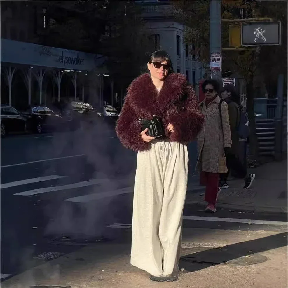 Pop Chic Fluffy Faux Fur Women's Warm Cropped Coat Elegant Long Sleeve Thick Thermal Furry Jacket New Winter Fashion Streetwear