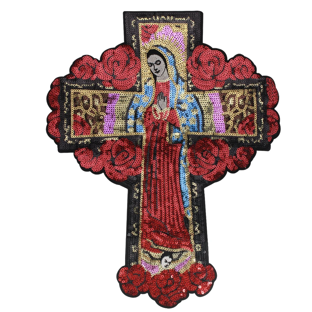 Christening Virgin Mary My Lady of Guadalupe Baptism Embroidered Sequin Sew on Patch Flower Applique