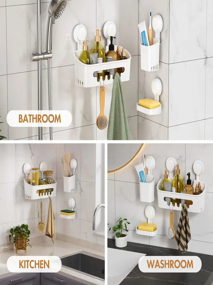 TAILI Shower Room Rack Set Suction Cup Bathroom Storage Shelf Basket Home Storage Organizer Shelf Decorative Easy Install