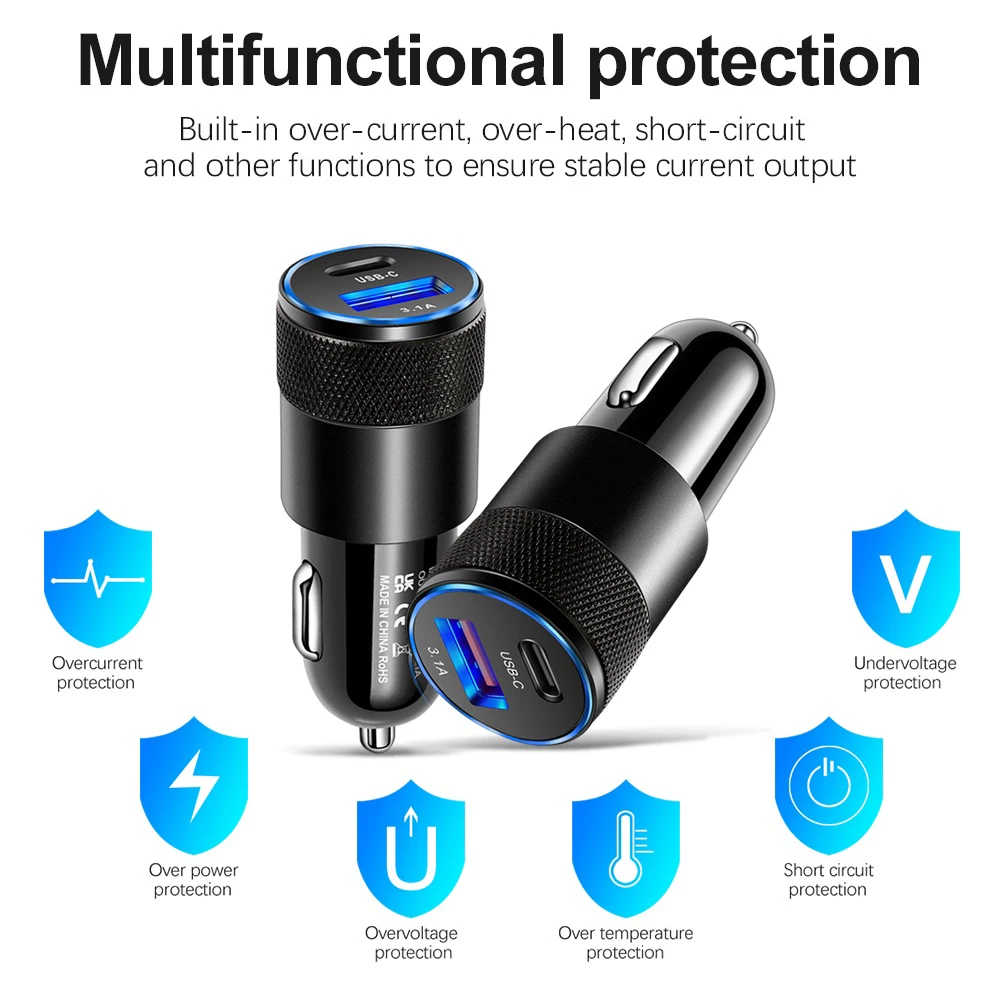 Usb Type-C Car Charger Cigarette Lighter Socket Fast Charging Mobile Phone Adapter Suitable for Iphone15 Xiaomi Huawei Samsung