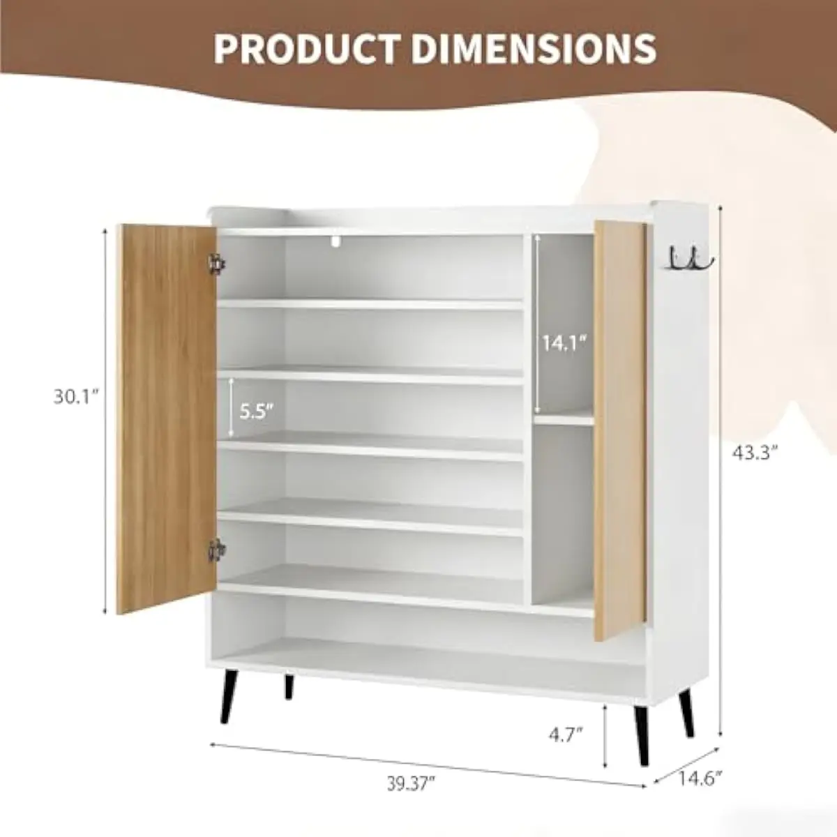 Tall 6-Tier Shoe Cabinet with Smooth Handleless Doors, Adjustable Interior Shelves, Dedicated Boot Compartment, Dual Side Hooks,