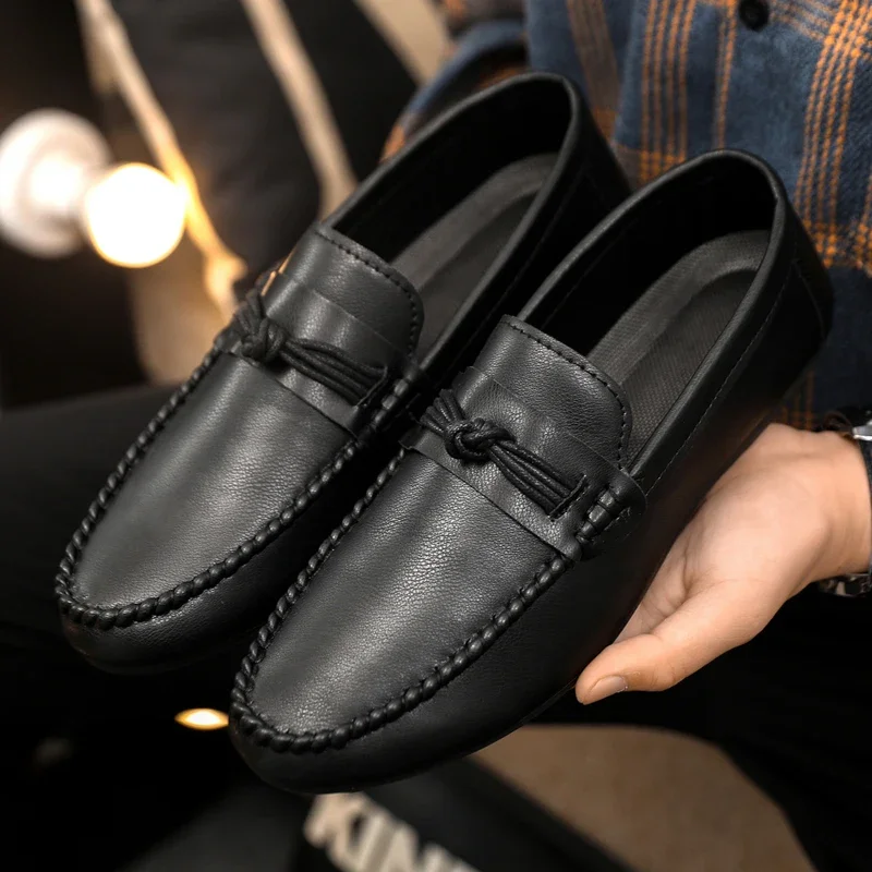 

Classic Black Leather Shoes For Men Loafers Big Size 46 Slip on Office Shoes Man Comfortable Soft Flat Shoes Men's Casual Shoes