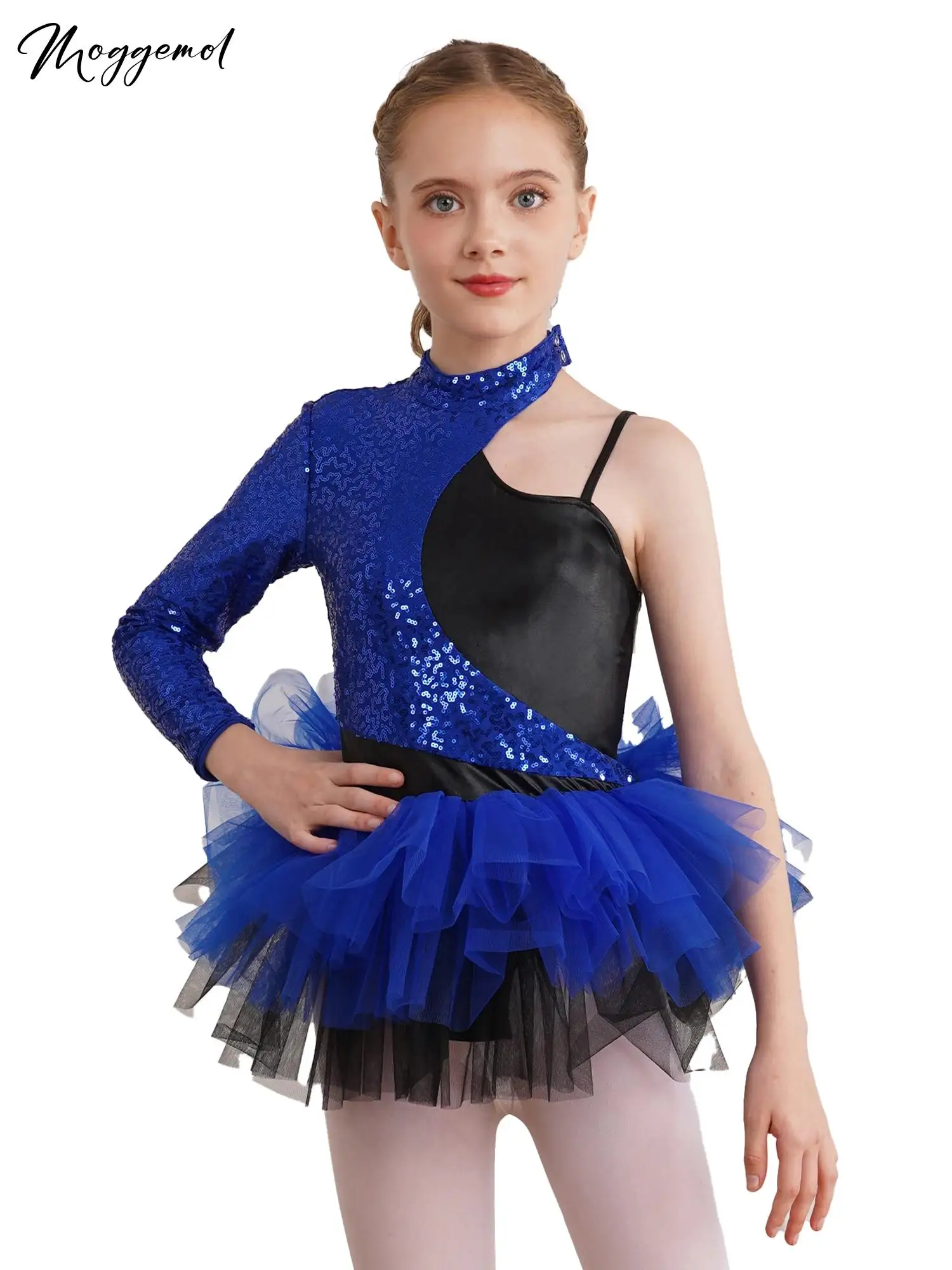 Kids Girls Ballet Dance Tulle Skirts Dress Sequins Gymnastics Leotard Dress Asymmetrical Sleeves Jazz Figure Skating Dresses