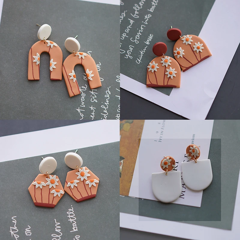 Handmade Daisy Flower Brown Big Multi Size Pendants Shapes Arch Disc Solid Color Polymer Clay Earrings Sets For Woman Holiday