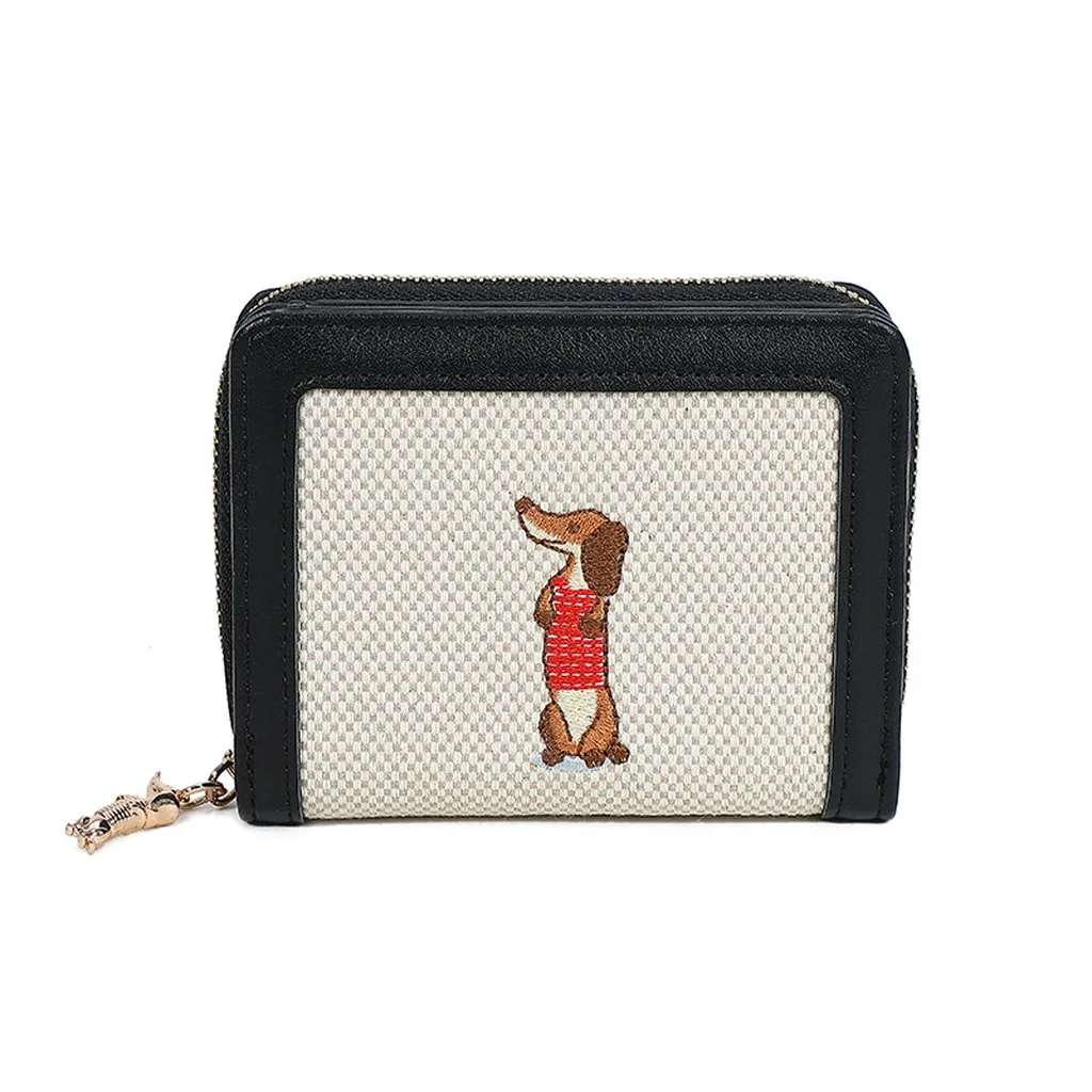 Short Bifold Women's Wallet Embroidered Dachshund Pattern Lightweight Multi-compartment PU Leather Card Holder Coin Purse