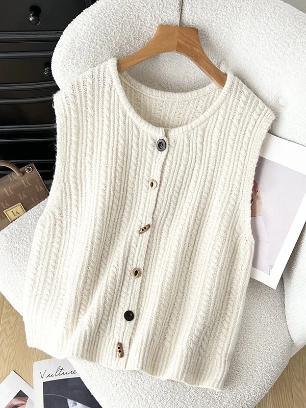 

High-End round Neck Knitted Vest Sleeveless Button- Front Open Cardigan Outerwear Casual Style Large Size Knitwear Top