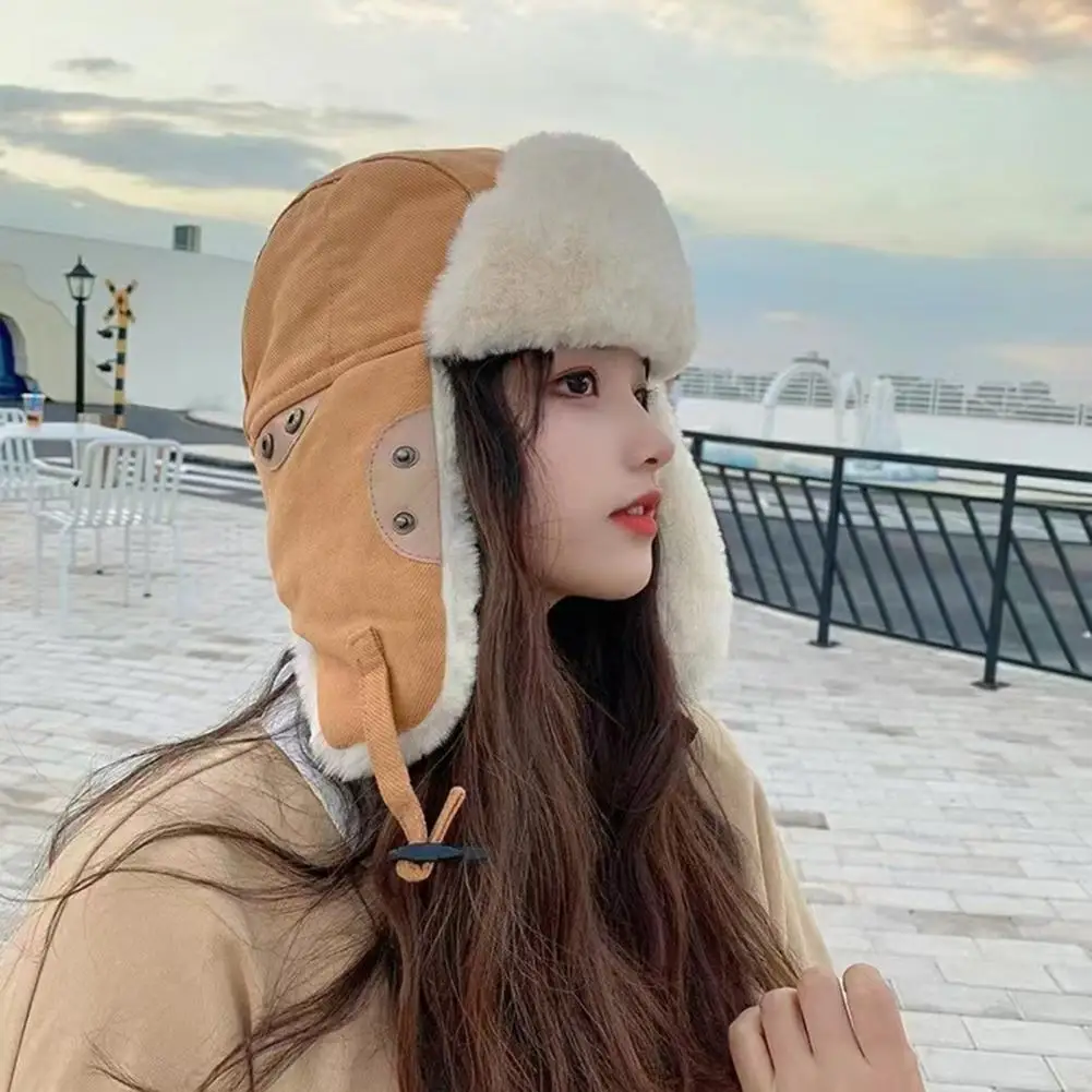 Winter Lei Feng Hat For Women Thickened Fuzzy Faux Fur Lined Thermal Hat Windoroof Ear Outdoor Hat For Cold Weather