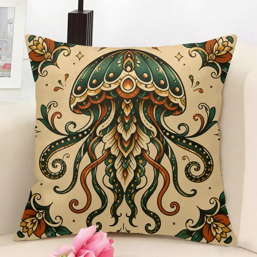 Housse de coussin en lin motif tatouage mythologie océanique 40x40cm, housse de coussin décorative, décoration bohème pour canapé, cadeau