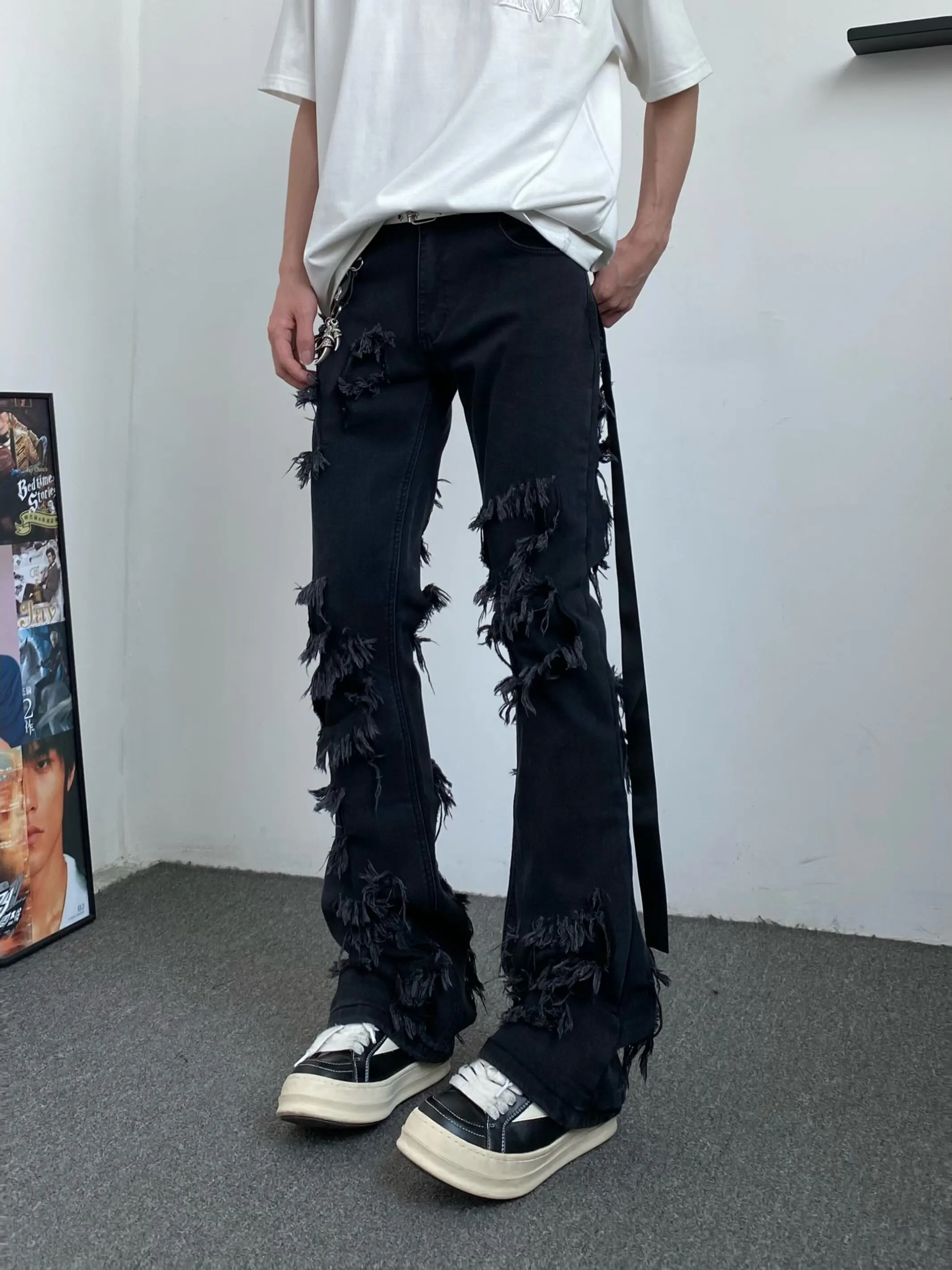 Calças Jeans Flare Desfiadas com Borda Crua Estilo Americano High Street para Homens e Mulheres - Streetwear Casual