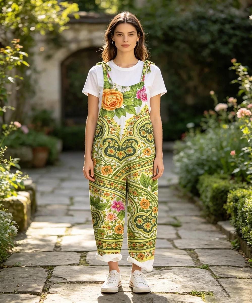 2026 Summer new women's European retro decorative floral print comfortable jumpsuit, off shoulder sleeveless loose jumpsuit