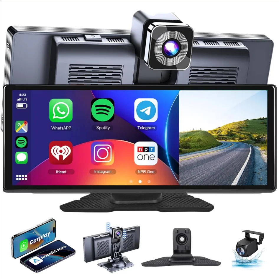 10.26 inch Carplay Screen 2.5D IPS Full Touch Support Wireless Apple carplay and Android Auto with dash cam and 2k backup camera