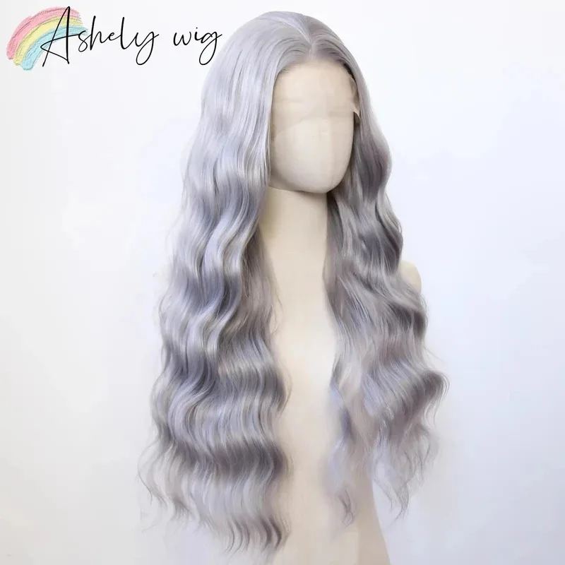 Ashely شعر مستعار رمادي للبيع التخليص 26 بوصة 13*4 الاصطناعية الفضة الدانتيل الباروكة شعر مموج طويل المظهر الطبيعي امرأة الباروكات تأثيري