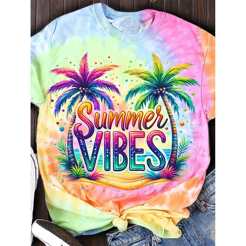 Resort Style T-shirt Women And Men Tie-dye Print Round Neck Short Sleeve T Shirts Outdoor Casual Fashion Beach Sports Female Tee