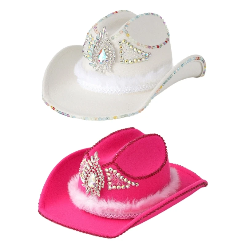 

Rhinestones Western Hat Glitter Princesses Hat Dress Up Party Hat for Women Men Party Costume