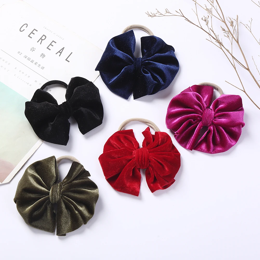 Sweet Korean Velvet Hair Scrunchies Solid Velour Elastic Nylon Bands for Baby Girl Fashion Bow Knot Headband Newborn Accessories