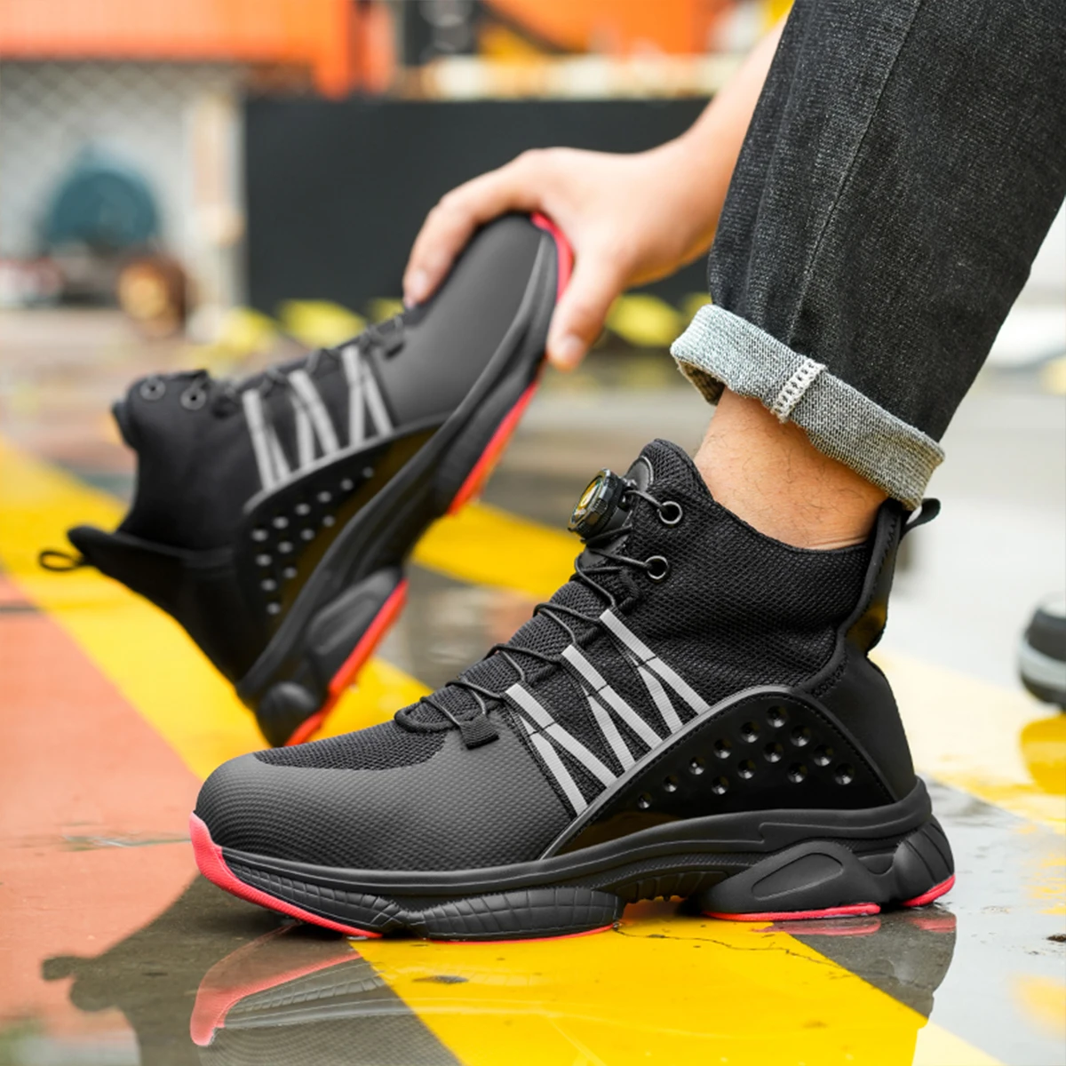 Men's High Top Sneakers Rotating Button Anti-Smash Anti-puncture Steel Toe Work Safety Shoes Men Work Boots Protective Shoes