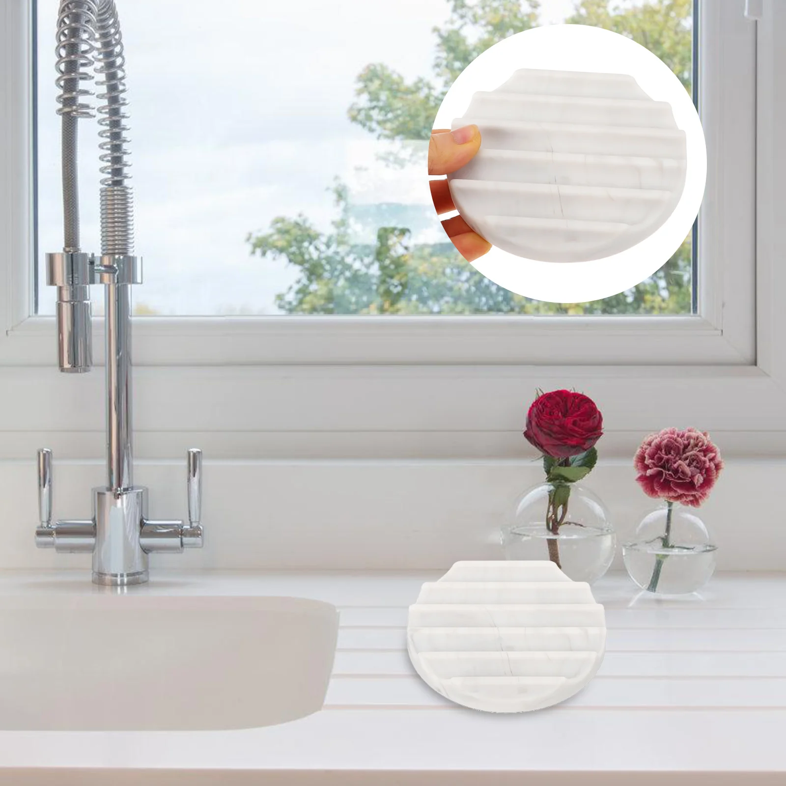 

Silicone Soap Draining Tray Round Small Holder Bathroom Sink Portable White Soap Box No Drill Mounting for Kitchen Toilet