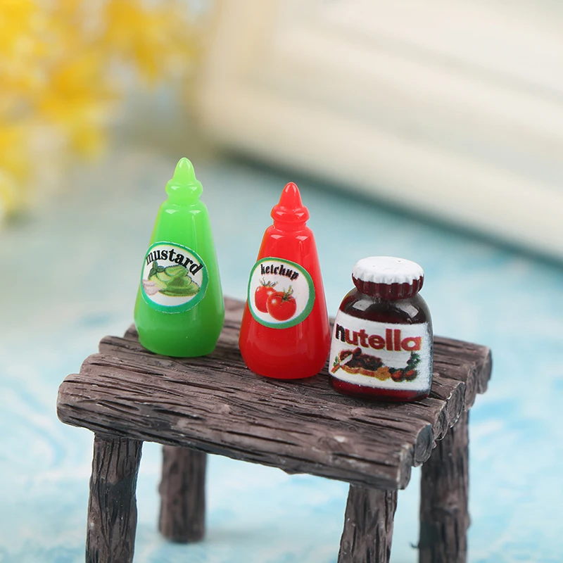 3Pcs/Set Dollhouse Simulation Miniature Ketchup Fruit Sauce Mustard Kitchen Seasoning Bottle