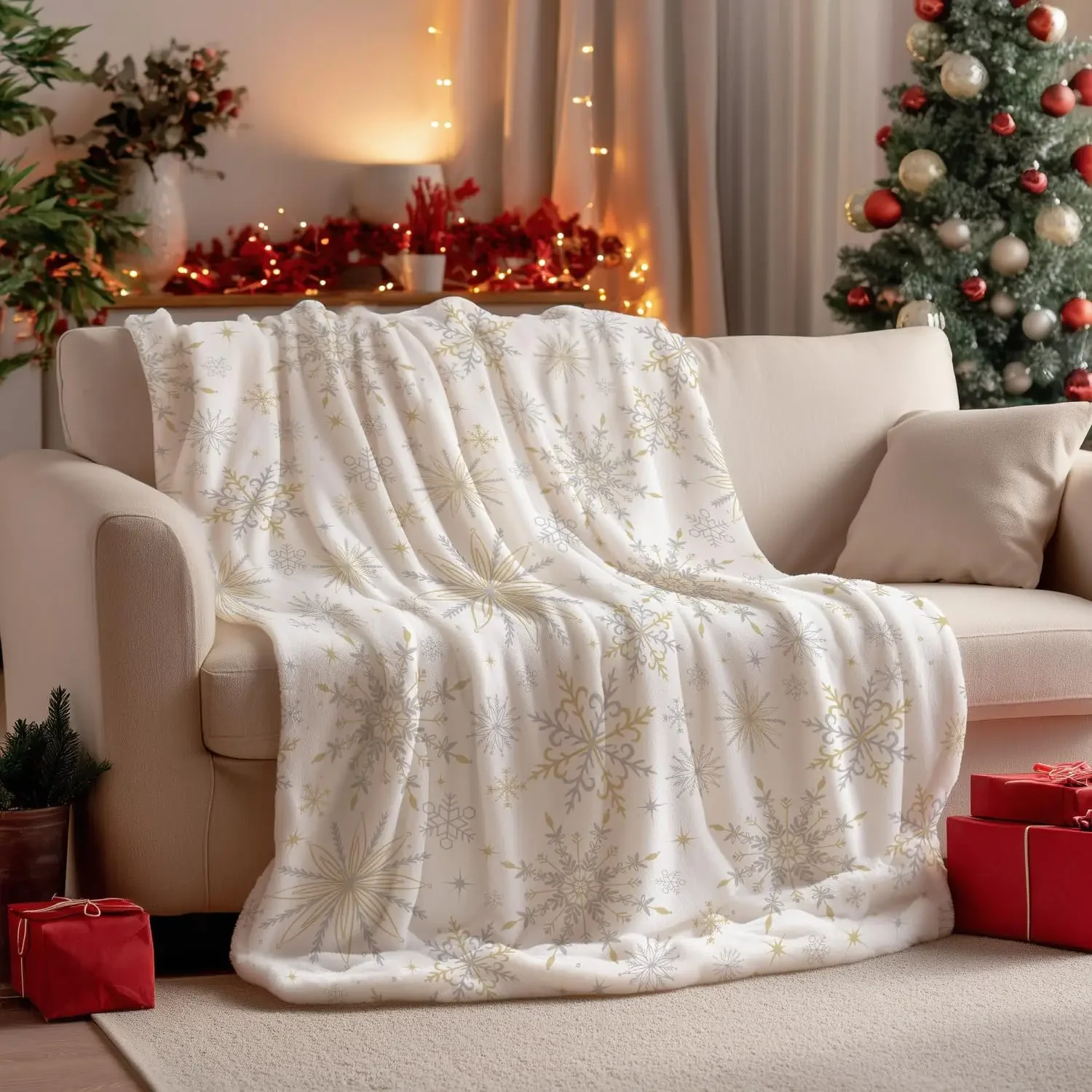 Christmas Flannel Blanket Throw,Simple Snow Stick Figure Beige Soft Fuzzy Plush Cozy Fleece Blankets for Couch Sofa Bed Lounging