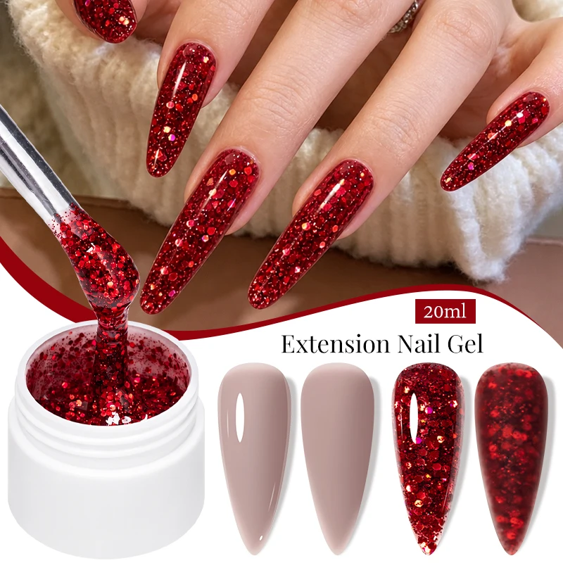20ml Nude Red Glitter Extension Nail Gel Polish UV Hard Gel Self Leveling Soak Off Builder UV Construction Gel Varnish For Salon