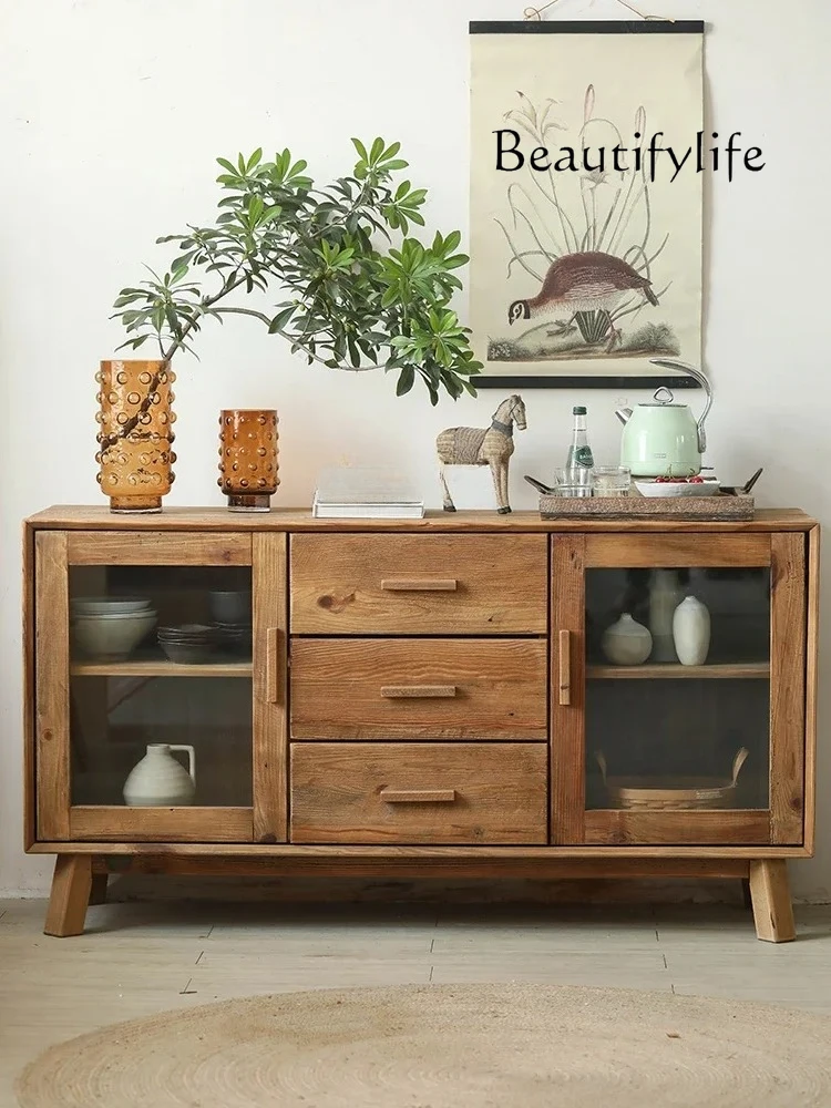 

Log glass double door three bucket cabinet living room locker American country pine cabinet