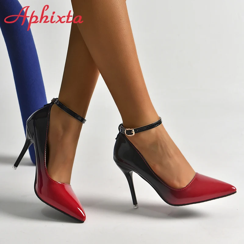 Aphixta, nuevos zapatos de tacón de aguja de 10cm, zapatos de tacón con gradiente para mujer, zapatos de charol con correa en el tobillo, punta