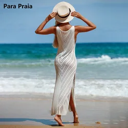 Para Praia Hollowout Bikini Cover Up Long Beach Dress 2024 Knitted Beachwear Women Sexy Cardigan Blouse Vacation Sweimsuit Cover