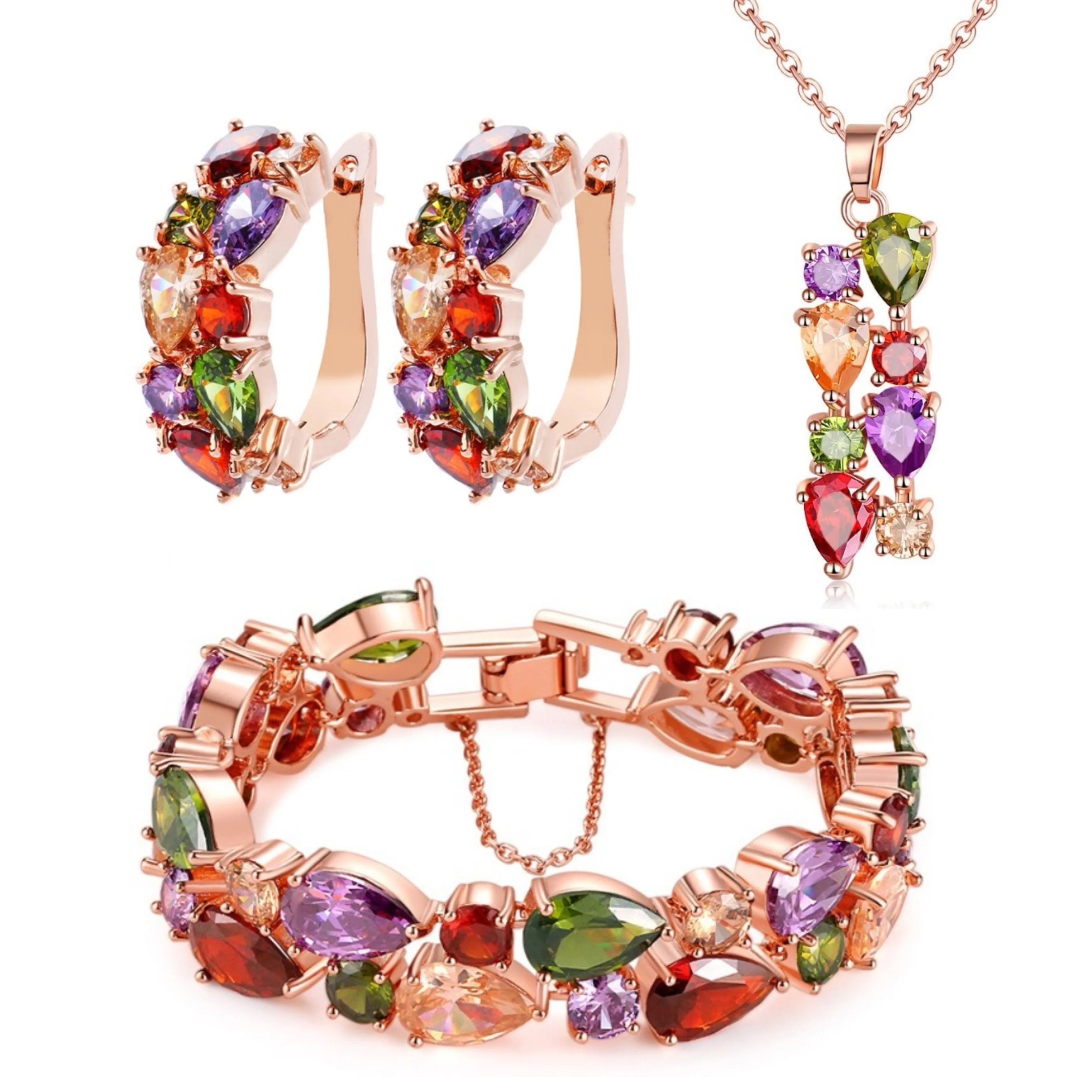 SUGO Classic Hot Sale Retro Sweet Rose Gold Color Multi Cubic Zirconia Jewelry Sets for Elegant Women Dinner Party Accessories