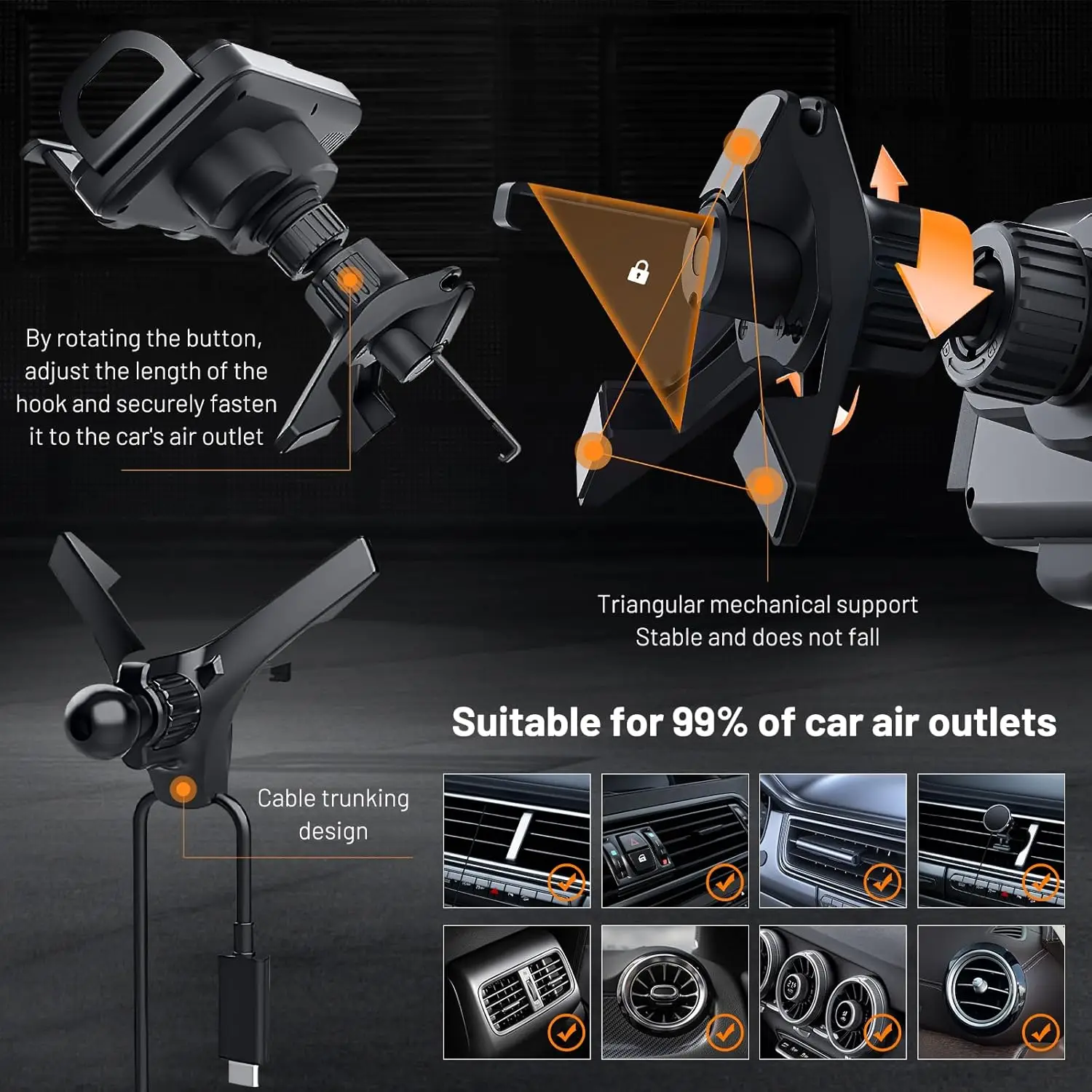 حامل هاتف دوار تلقائي 2 في 1، حامل فتحة تهوية للسيارة سريع الشحن للهواتف الذكية والوسادة، تصميم قابل للدوران بلمسة واحدة (أسود) #5