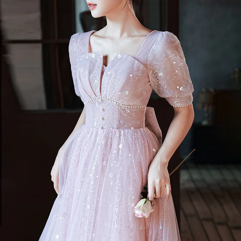 Long Pink Evening Dress for Women Elegant Birthday A-line Slim Dresses Beadding Sequin Zipper Prom Gown Party Birthday Dresses