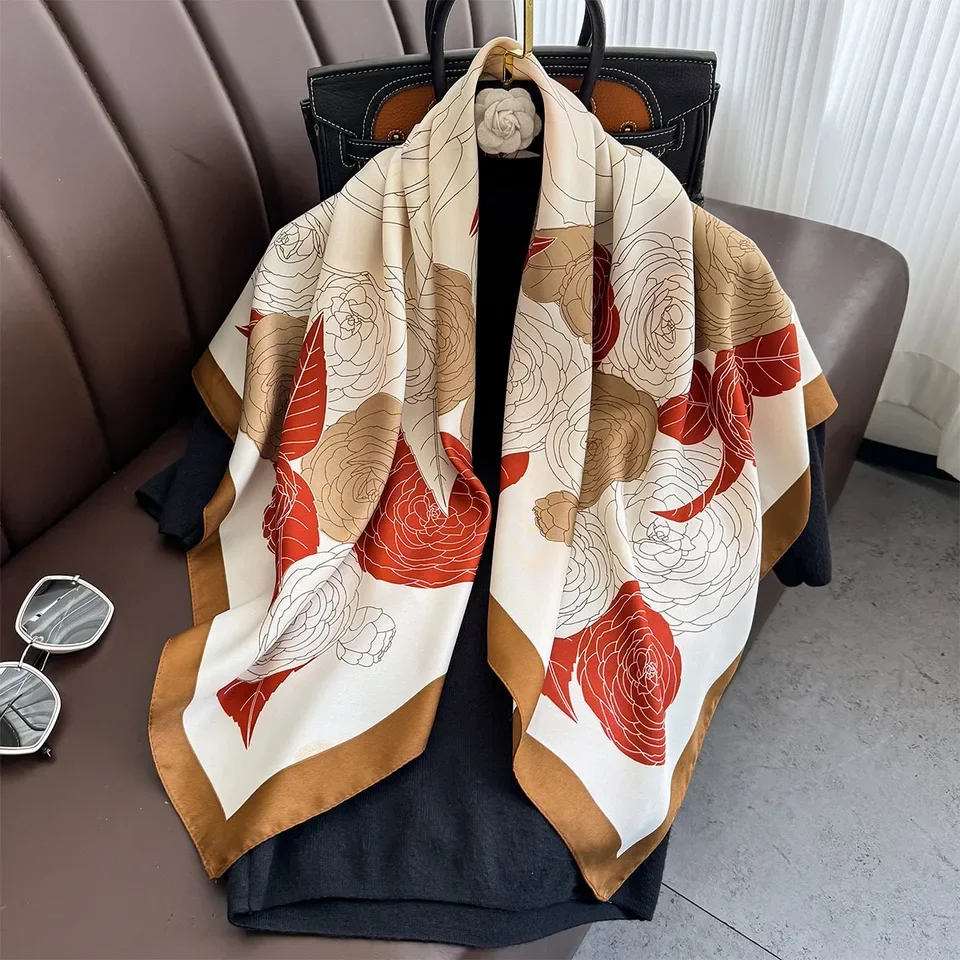 الفاخرة وشاح حريري وشاح مربع الكورية موضة منديل ارتفع الأوشحة الحريرية باندانا يلتف وشاح الديكور شال 90*90 سنتيمتر #3